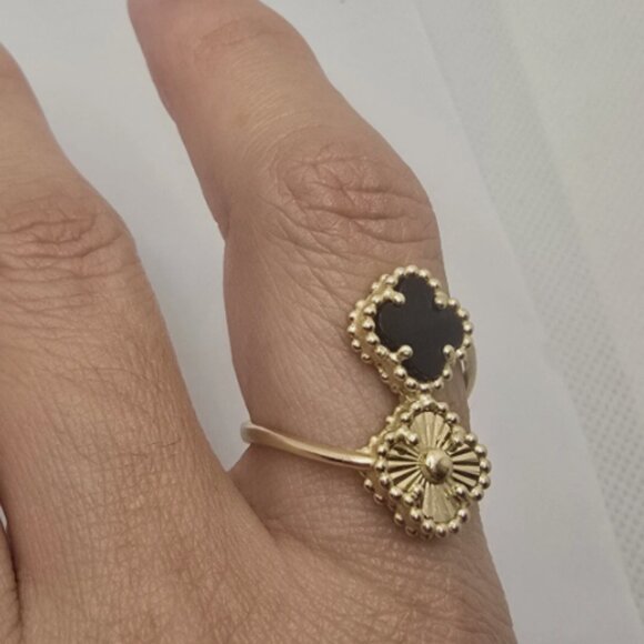 14k Solid Yellow Gold Clover/Flower Onyx Bypass Ring Size 8.5 - Picture 10 of 13